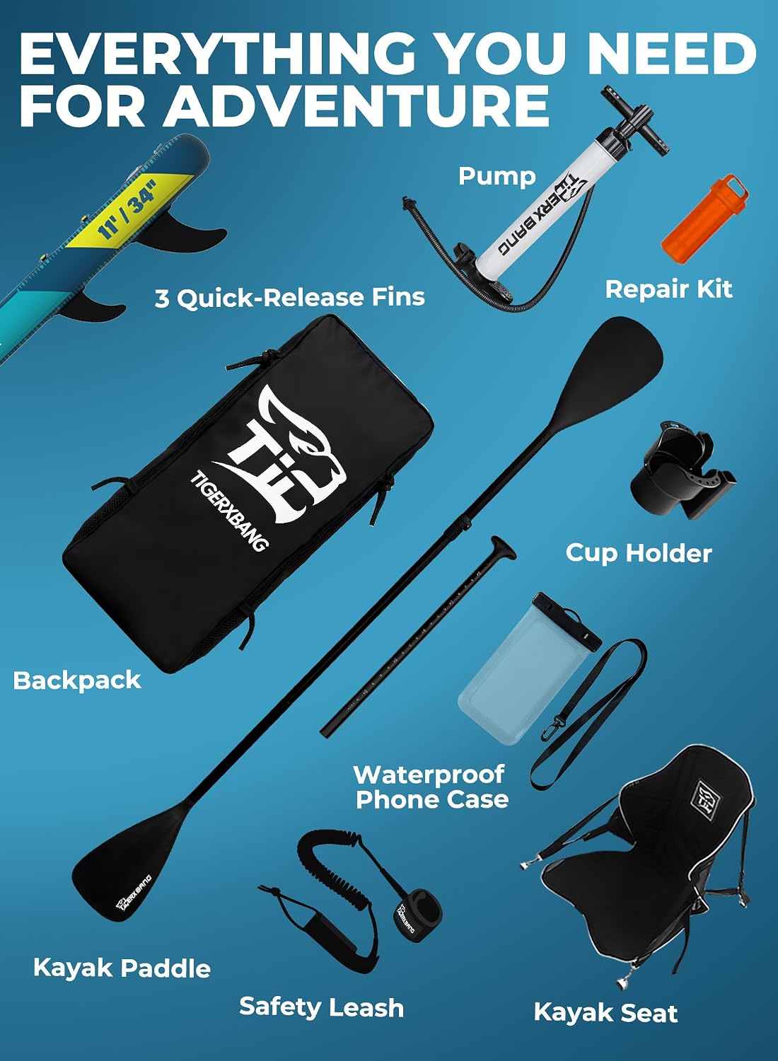 TIGERXBANG 11'6'/11'/10' Inflatable Paddle Board with Complete Accessories, Versatile Premium Paddle Boards for Adults/Youth, Stand Up Paddle Board Polar/Wave/Sunny Wave Collection