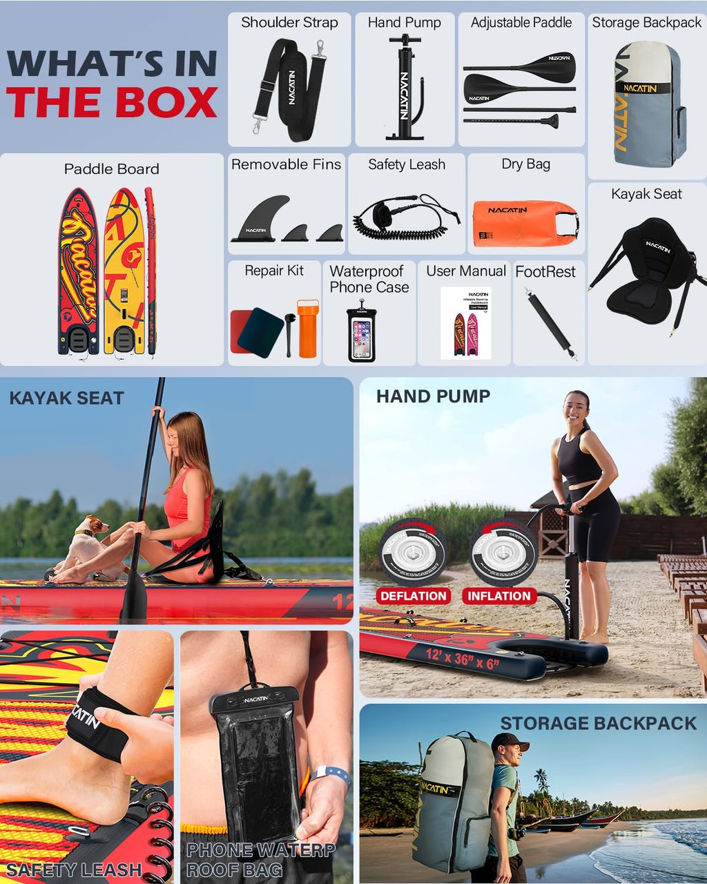 NACATIN Inflatable Stand Up Paddle Board - Premium SUP Board with Dog Ramp Kit, Complete SUP Set Paddle Boards for Adults with Single/Double Paddle, Kayak Seat, Suitable for Paddle Boarding with Dog