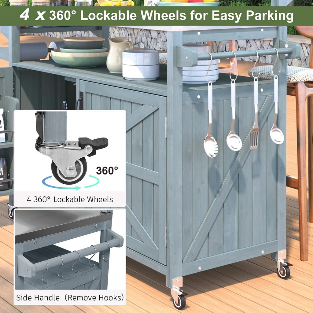 Outdoor Kitchen Island with Stainless Steel Top & Raised Shelf, Rolling Grill Cart with Spice & Towel Rack, Outdoor Island Table with Storage Cabinet & Hooks (Greyblue)
