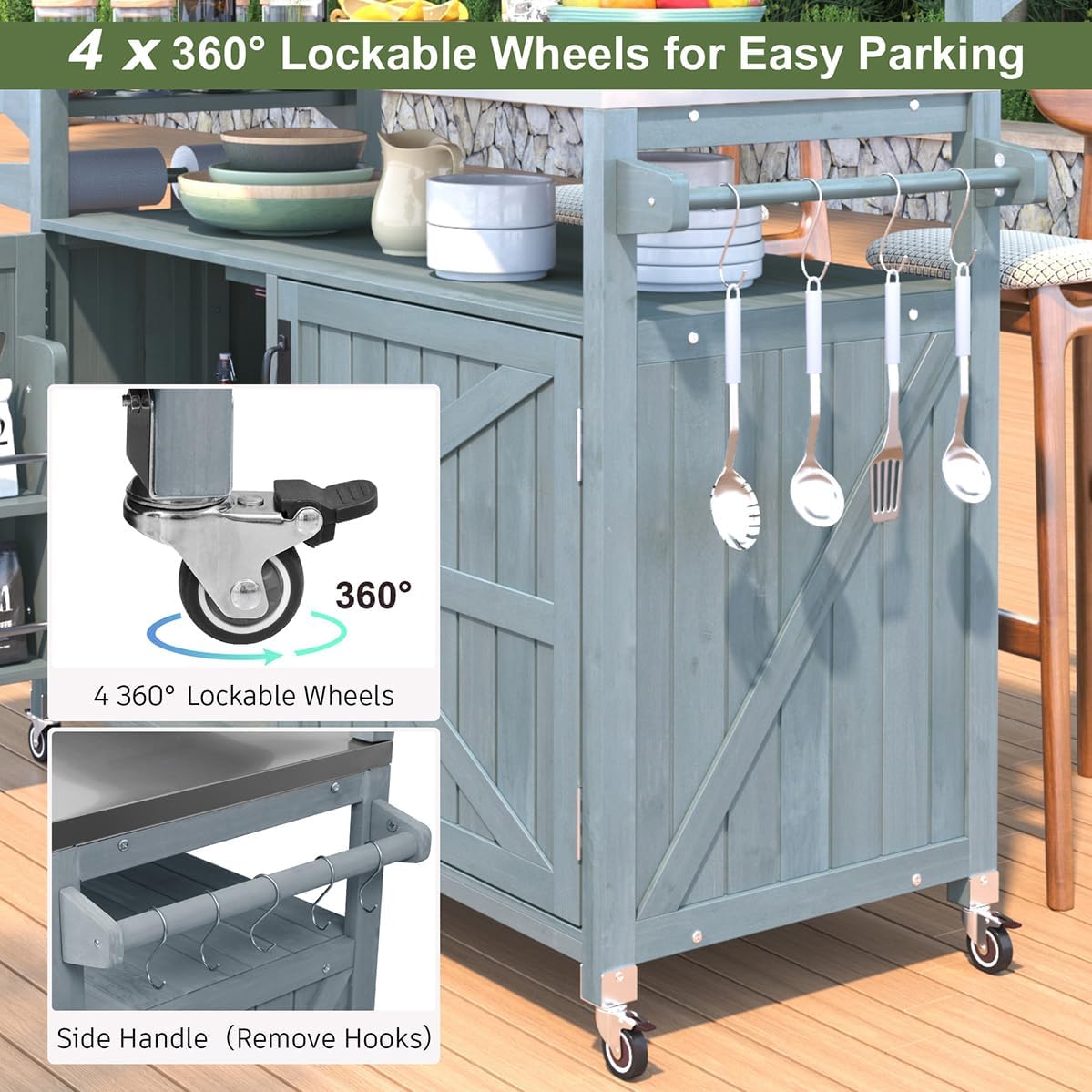 Outdoor Kitchen Island with Stainless Steel Top & Raised Shelf, Rolling Grill Cart with Spice & Towel Rack, Outdoor Island Table with Storage Cabinet & Hooks (Greyblue)