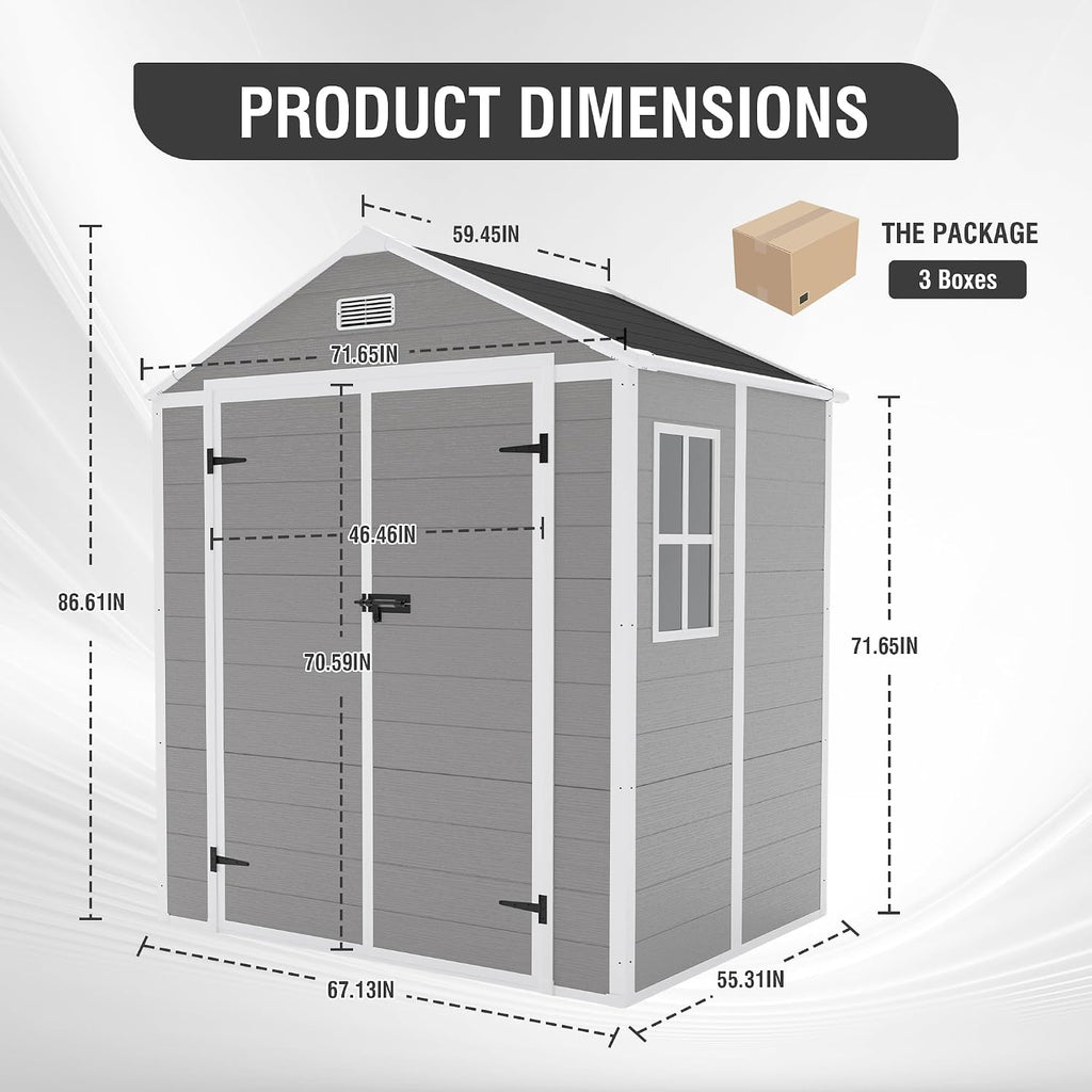Outdoor Storage Shed 6x5 FT, Resin Shed with Floor & Window, Lockable Door, Vents, Outside Sheds & Garden Shed for Patio Furniture, Gardening Tools, Pool Equipment (Grey, 6 * 5ft)