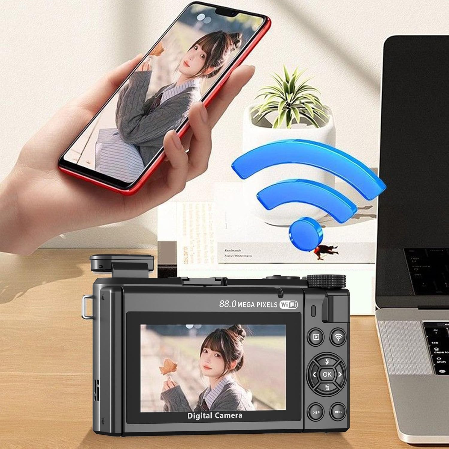 PUSOKEI 8K Digital Camera for Photography, 88MP Vlogging Camera with 3' 180 Flip Screen, 18X Zoom, Autofocus, Wide Angle Lens, WiFi Mirrorless Cameras with 32GB Card, 2 Batteries (Black)