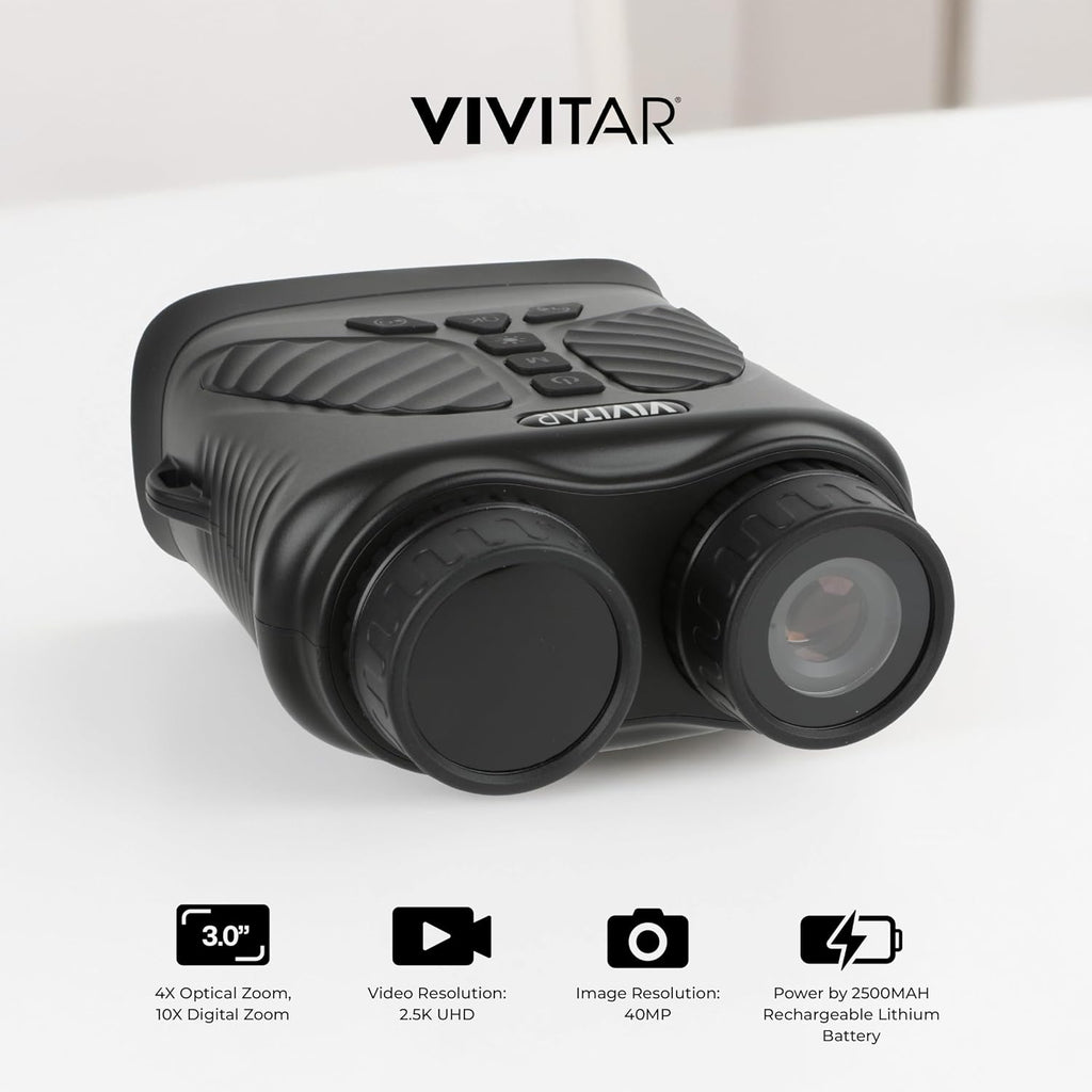 Vivitar - Digital Camera Binocular, 16MP High-Resolution Photos, Full QHD 2.7K Video, Day & Night Use, Compact Design, Soft Rubber Drop-Resistant Red Body, for Sports, Travel & Outdoors (Black)