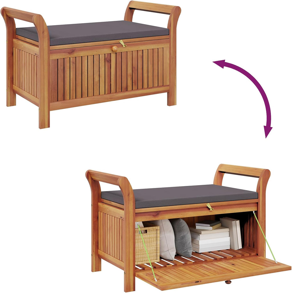 vidaXL Garden Storage Bench, Solid Acacia Wood, Gray Cushion Included, Classic Outdoor Design, Patio & Garden Seating, 35.8' x 19.7' x 23.6', Patio & Deck Organizer, Durable Wooden Furniture