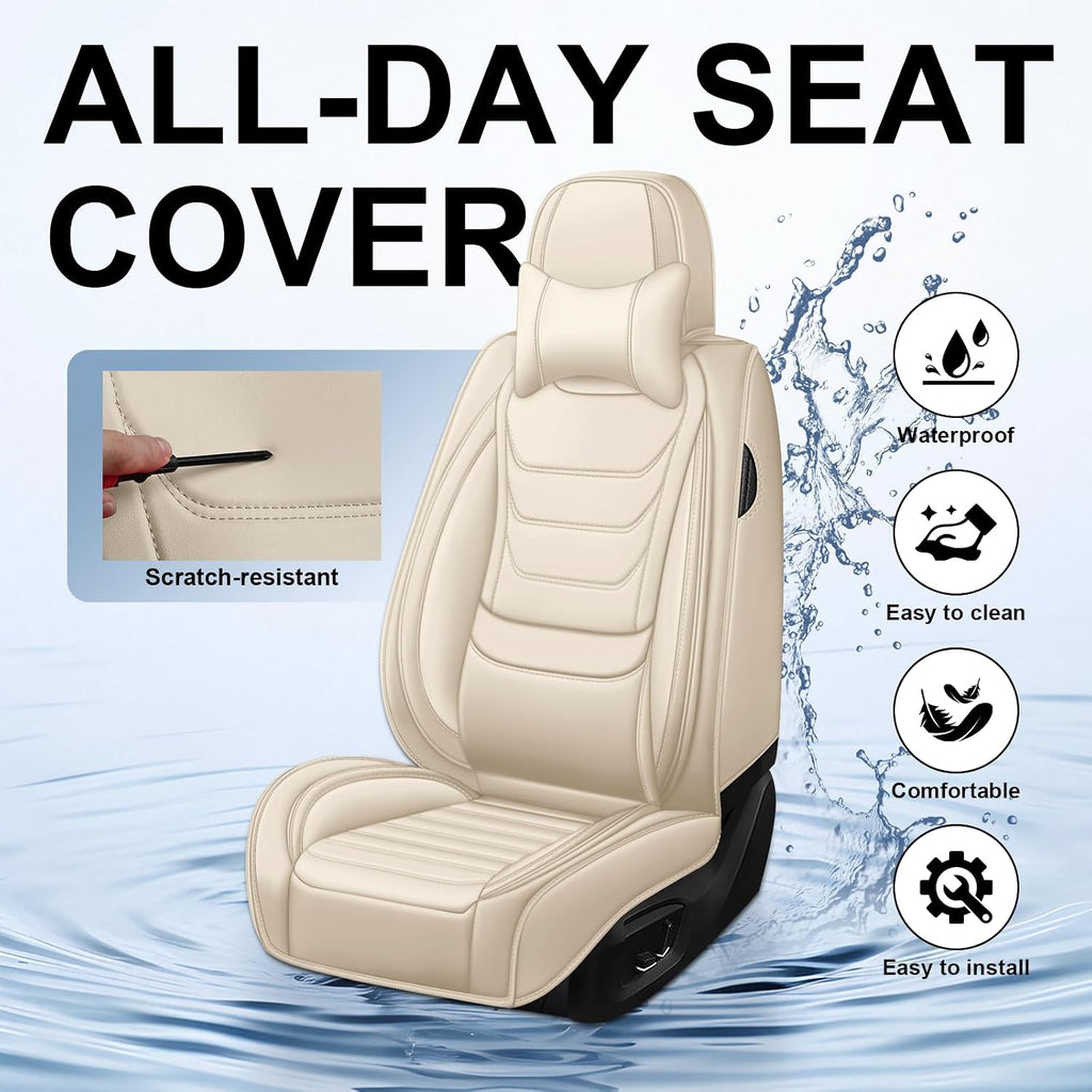 DHAEY Car Seat Covers for Kia NIRO 2017-2025, Family Seat Covers, Nappa Leather, Wear-Resistant, Anti-Slip, Waterproof, 2PCS Front with Pillows, Beige