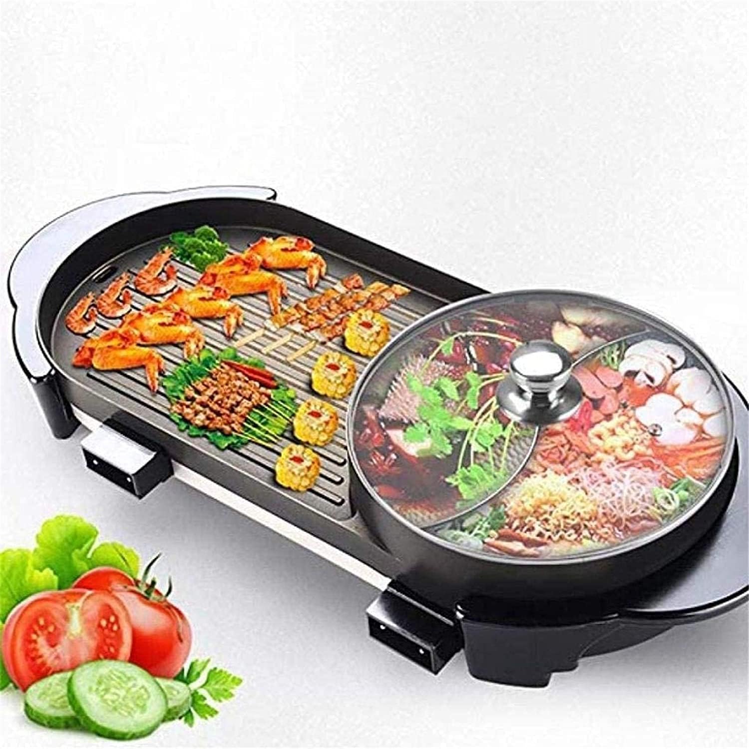 Electric BBQ Grill Indoor Cookware BBQ Electric Grill Pan with Hot Pot 2 in 1 Indoor/Outdoor 1700 Watts Electric Oven/Teppanyaki Electric Grill/Hot Pot BBQ Griddle Camping,Portable Nonstick G