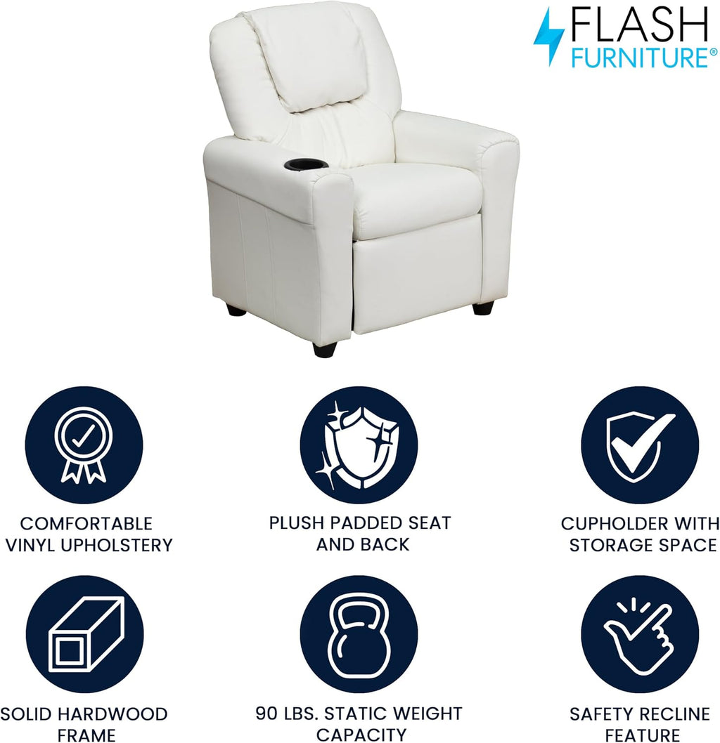 Flash Furniture Vana Vinyl Kids Recliner with Cup Holder, Headrest, and Safety Recline, Contemporary Reclining Chair for Kids, Supports up to 90 lbs., White