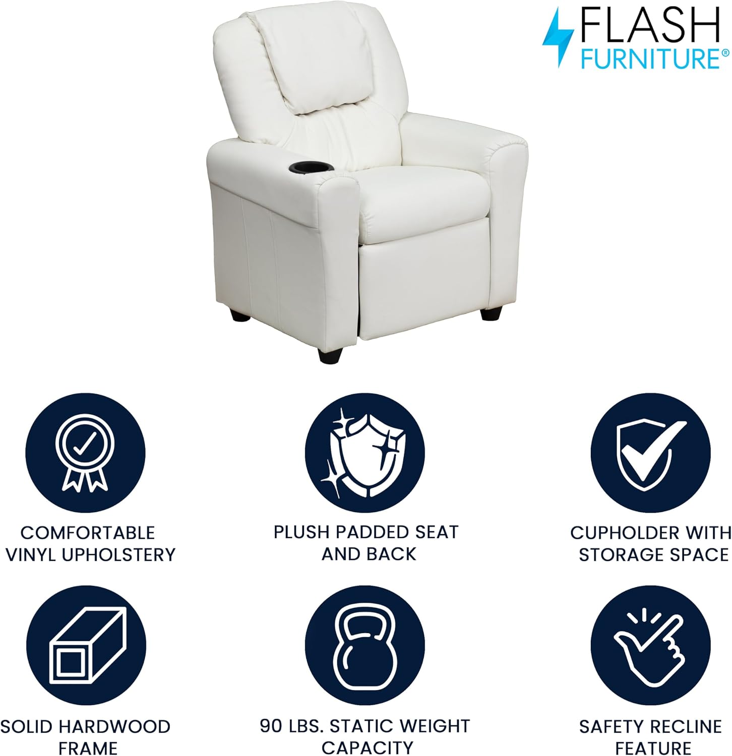 Flash Furniture Vana Vinyl Kids Recliner with Cup Holder, Headrest, and Safety Recline, Contemporary Reclining Chair for Kids, Supports up to 90 lbs., White