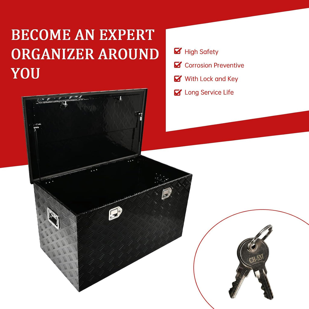 44''Inch Aluminum Truck Tool Box Truck Bed Toolbox Truck Trailer Chest Box Trailer Underbody Storage Organizer Waterproof Square Storage Organizer w/Lock & Keys Black(‎44' x24''x24'')