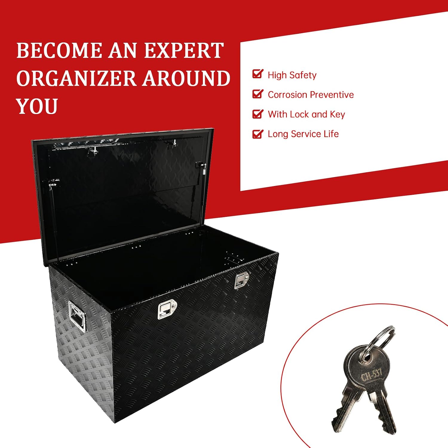 44''Inch Aluminum Truck Tool Box Truck Bed Toolbox Truck Trailer Chest Box Trailer Underbody Storage Organizer Waterproof Square Storage Organizer w/Lock & Keys Black(‎44' x24''x24'')