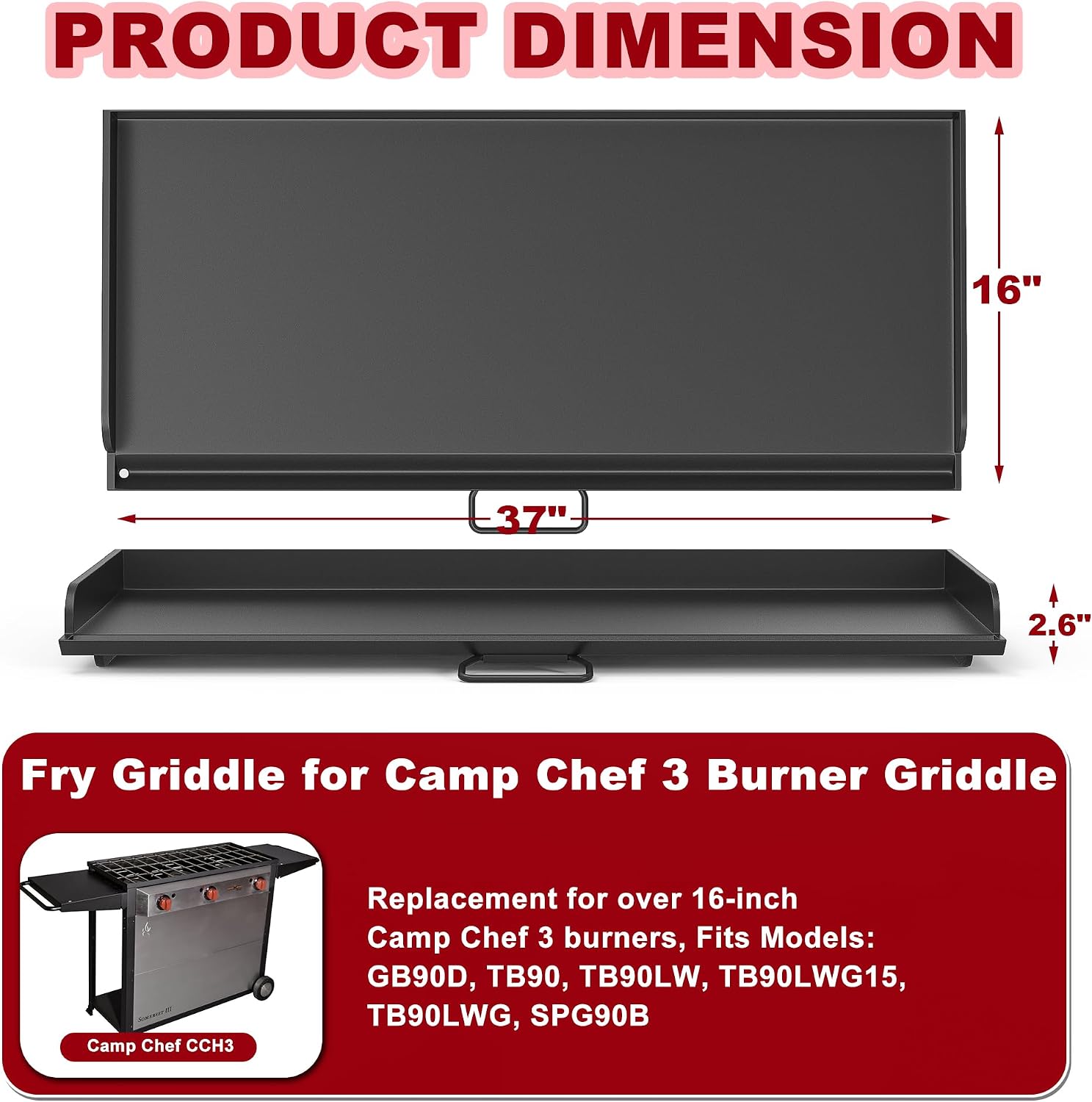 Flat Top Griddle for Camp Chef 3 Burner Griddle, 37' x 16' Fry Griddle Replacement Part for Camp Chef Tundra, Expedition 3X Combo SG100 Accessories, Outdoor BBQ Camping Grills Accessorie