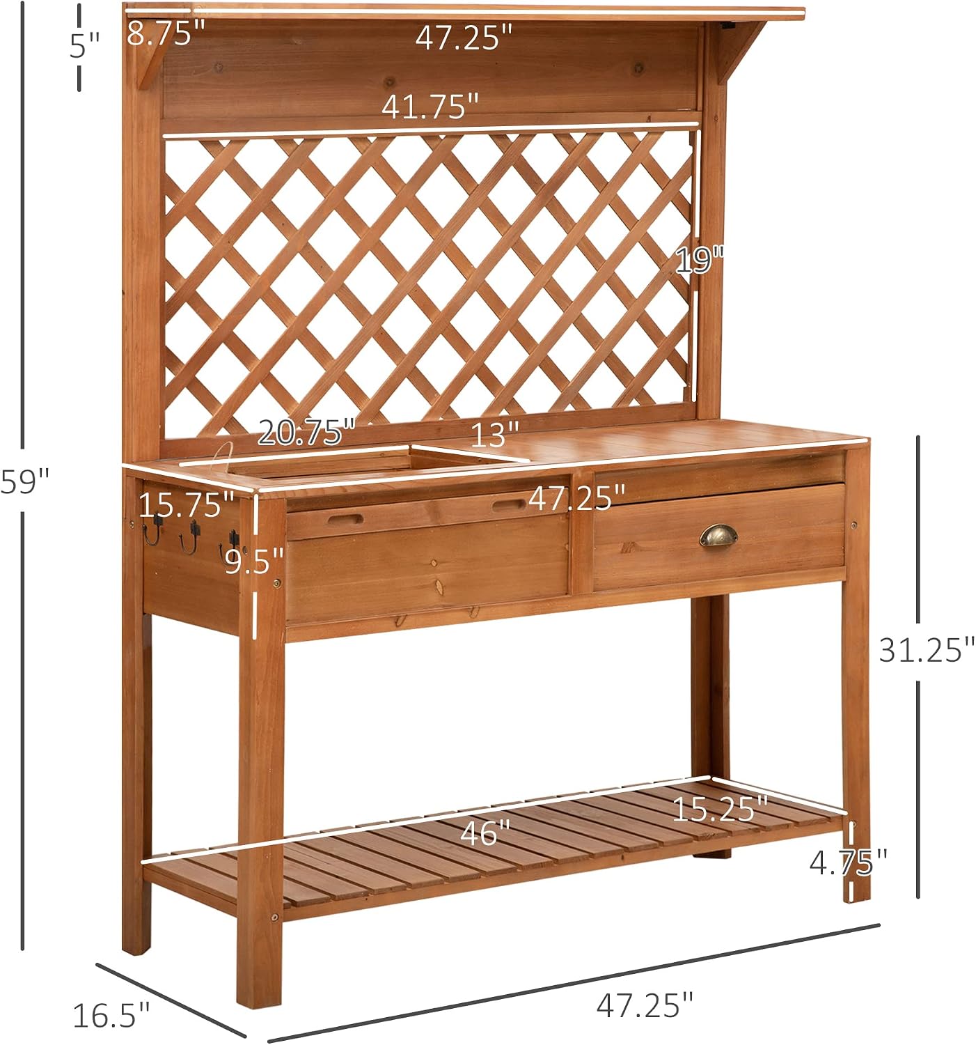 Outsunny Garden Potting Bench, Outdoor Wooden Workstation Table w/Metal Screen, Drawer, Hooks, Storage Shelf, and Lattice Back for Patio, Backyard and Porch, Natural