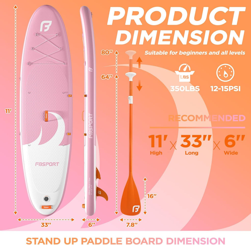 FBSPORT 11' Premium Stand Up Paddle Board, Yoga Board with SUP Accessories & Carry Bag | Wide Stance, Surf Control, Non-Slip Deck, Leash, Paddle and Pump for Youth & Adult