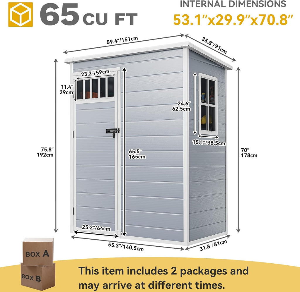 DWVO 5x3FT Outdoor Storage Shed with Fence-Style and Side Windows, Floor, Lockable Doors, Plastic Storage Shed for Backyard and Garden, Gray