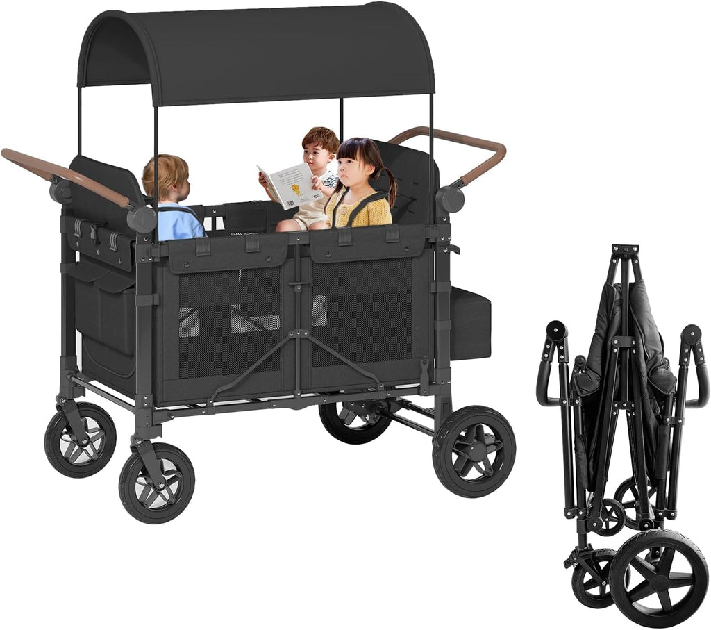 4 Seater Wagon Stroller,Foldable Stroller with Safety Belt, Puncture-Proof Tires, All-Terrain Wagon with 360° Swivel Lockable Wheels, Large Storage Bag, Canopy,51.18 * 31.5 * 43.31 in.
