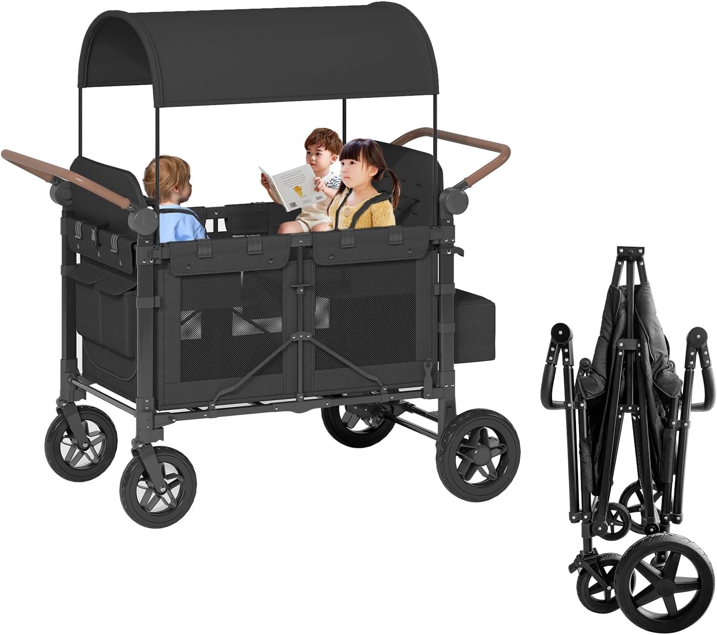 4 Seater Wagon Stroller,Foldable Stroller with Safety Belt, Puncture-Proof Tires, All-Terrain Wagon with 360° Swivel Lockable Wheels, Large Storage Bag, Canopy,51.18 * 31.5 * 43.31 in.