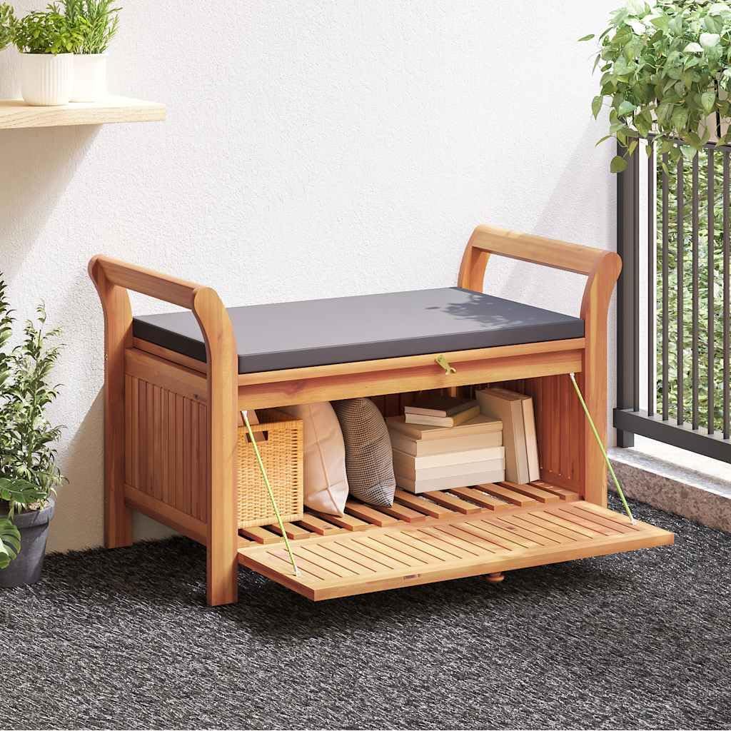 vidaXL Garden Storage Bench, Solid Acacia Wood, Gray Cushion Included, Classic Outdoor Design, Patio & Garden Seating, 35.8' x 19.7' x 23.6', Patio & Deck Organizer, Durable Wooden Furniture