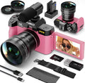 NBD 5K Digital Cameras for Photography - 16X Zoom Travel Camera with 180° Flip Screen, 64MP Vlogging Cameras Fotograficas for YouTube, Auto Focus, Macro Lens, 2 Batteries & 64GB TF Card（Pink）