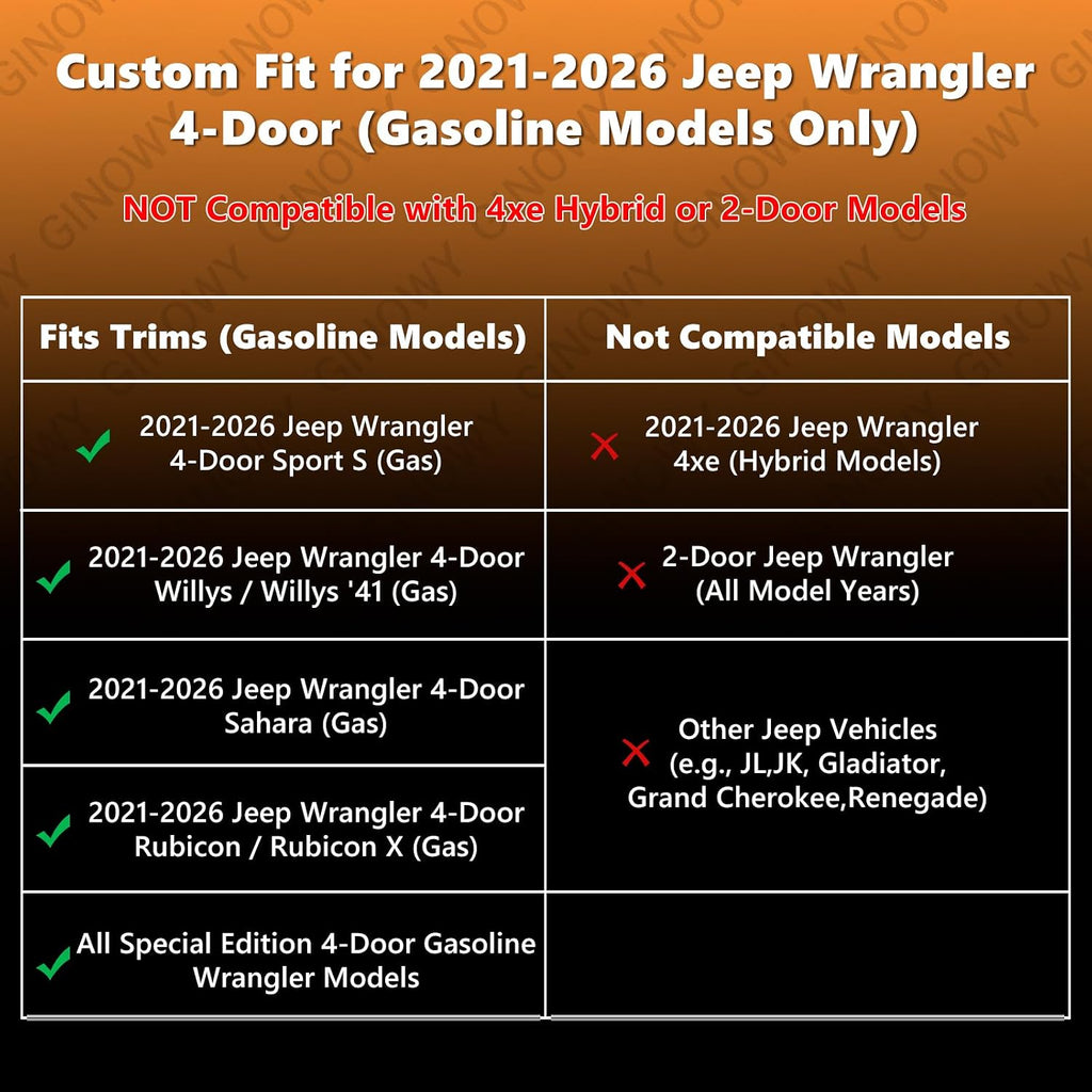 GINOWY-Floor Mats & Cargo Liner for 2021-2026 Jeep Wrangler 4XE Rubicon/Sahara/Sport S/Willys (4 Door, Not for JL or JK) 丨TPE Rubber All Weather Mats Wrangler 4xe Car Accessories Heavy Duty Liners