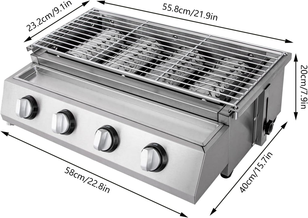 Gas BBQ Grill Stainless Steel Outdoor Camp Picnic Barbecue Shish Kabob 4 Burner Griddle Flat Top Grill Portable Barbecue Grill Countertop Smokeless Grill Non-Stick Cooking Removable Grill Baking