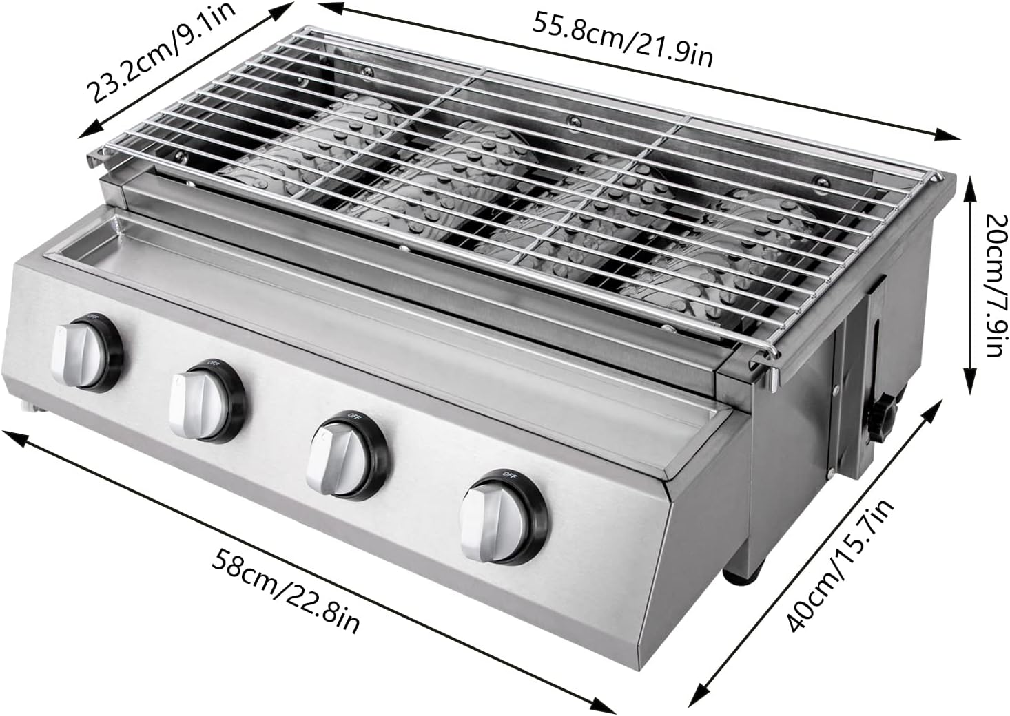 Gas BBQ Grill Stainless Steel Outdoor Camp Picnic Barbecue Shish Kabob 4 Burner Griddle Flat Top Grill Portable Barbecue Grill Countertop Smokeless Grill Non-Stick Cooking Removable Grill Baking