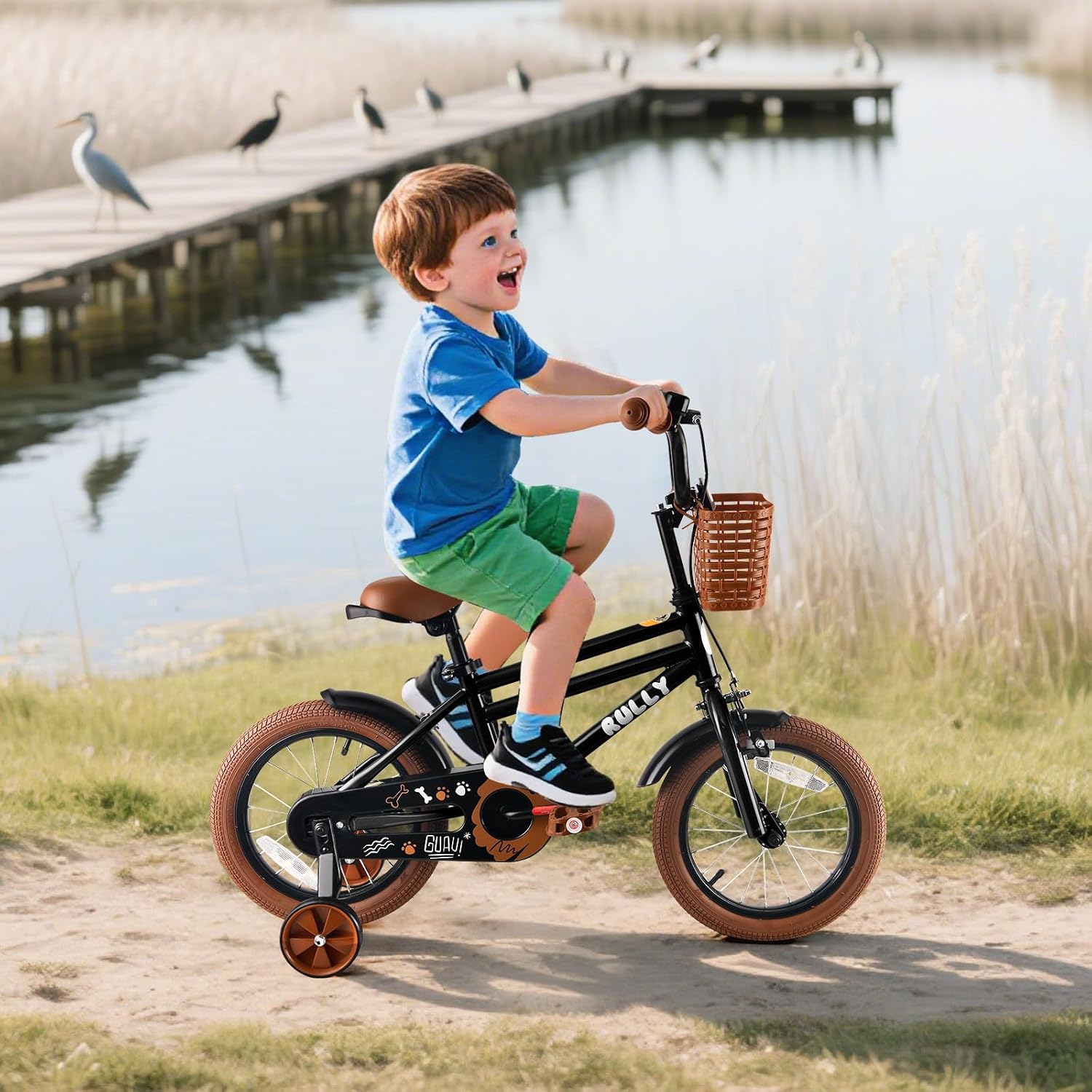 RULLY 12 14 16 Inch Boys' Bike for Kids Ages 2-6, Toddler Bicycle with Training Wheels, Coaster Brake & Handbrake, and Front Basket(Blue Black Green)