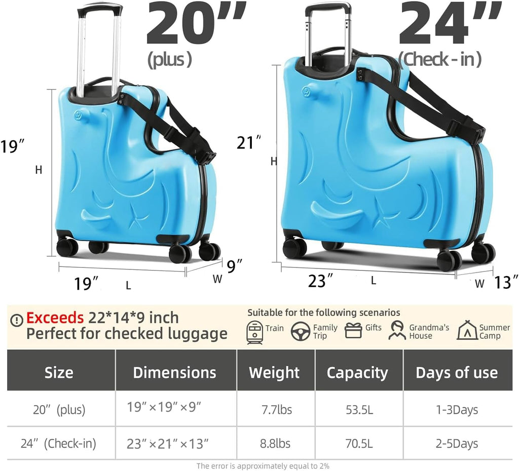 Toddler Luggage Ride On Suitcase for Kids with 4 Spinner wheels, Hardside Travel Luggage for Boys and Girls Ages 2-12 (Ocean Blue, 20-Inch)
