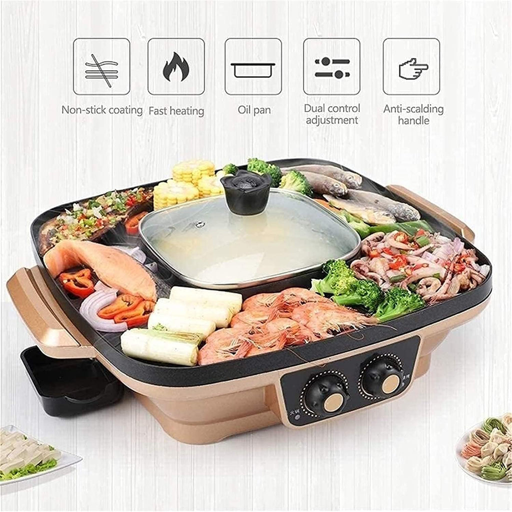 Korean BBQ Grill Household Multi-function Electric Grill, Hot Pot Integrated Cooker Pot 1600W 2 In 1 BBQ Frying Smokeless and Non-Stick Double Temperature Control, for Fami