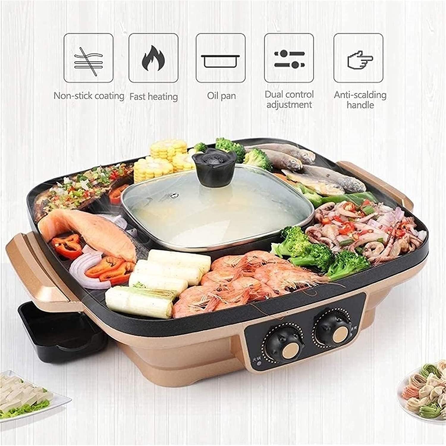 Korean BBQ Grill Household Multi-function Electric Grill, Hot Pot Integrated Cooker Pot 1600W 2 In 1 BBQ Frying Smokeless and Non-Stick Double Temperature Control, for Fami