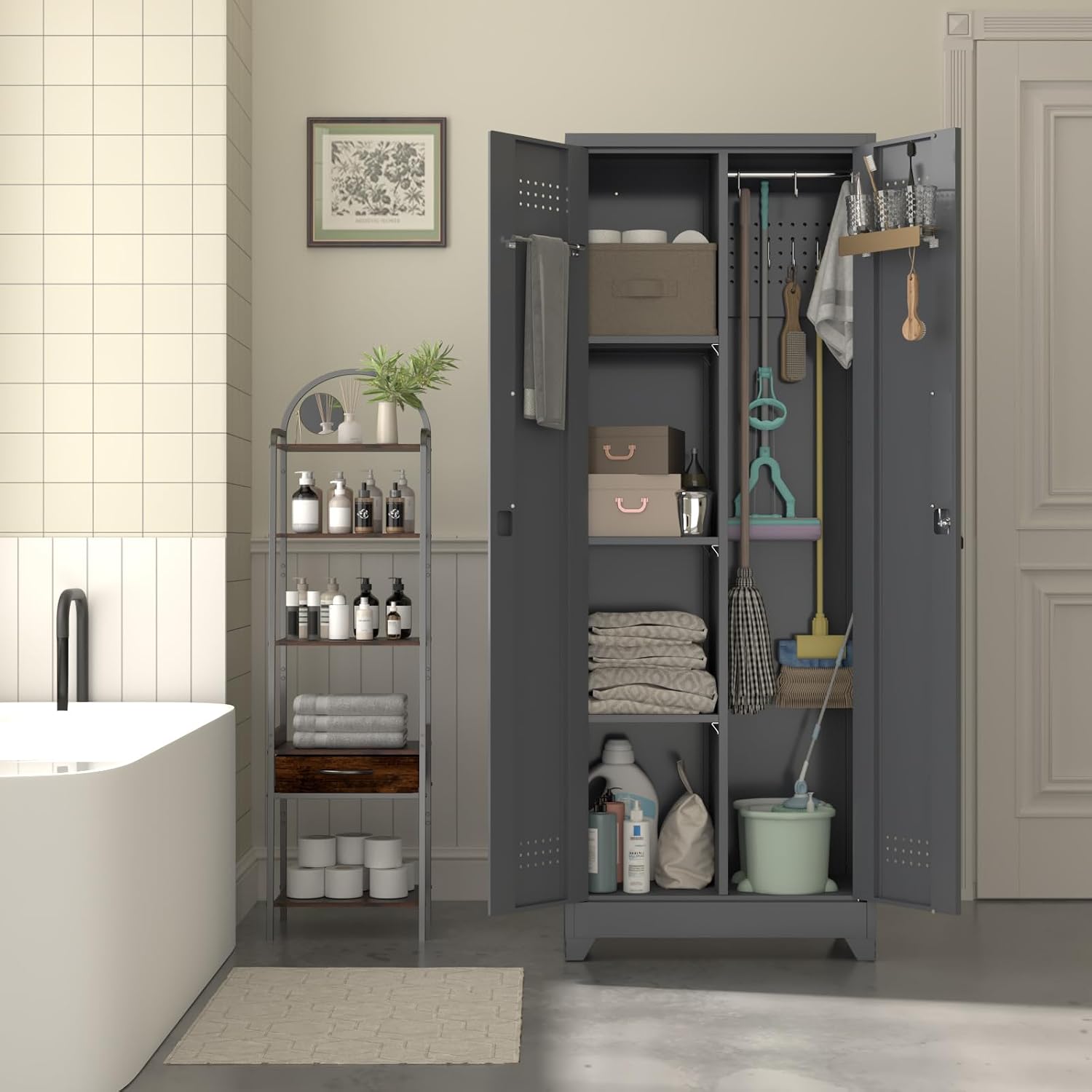 65' H Metal Storage Cabinet,Broom Closet Storage Cabinet with Adjustable Shelves,Locking Steel Cabinets with Pegboard and Hanging Rod,Utility Closet for Brooms and Mops,Grey