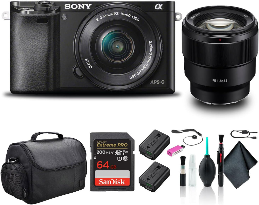 Sony Alpha a6000 Mirrorless Camera with 16-50mm and 55-210mm Lenses ILCE6000Y/B with Sony FE 85mm Lens, Soft Bag, Additional Battery, 64GB Card, Card Reader, Plus Accessories