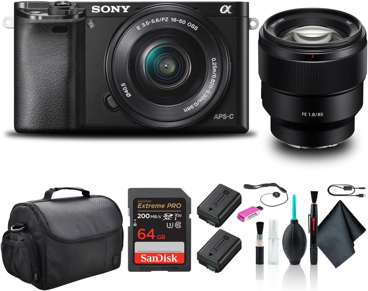 Sony Alpha a6000 Mirrorless Camera with 16-50mm and 55-210mm Lenses ILCE6000Y/B with Sony FE 85mm Lens, Soft Bag, Additional Battery, 64GB Card, Card Reader, Plus Accessories