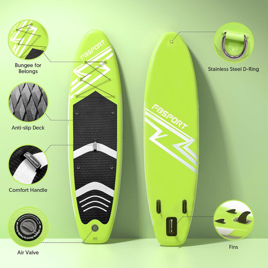 FBSPORT 11' Premium Stand Up Paddle Board, Yoga Board with SUP Accessories & Carry Bag | Wide Stance, Surf Control, Non-Slip Deck, Leash, Paddle and Pump for Youth & Adult