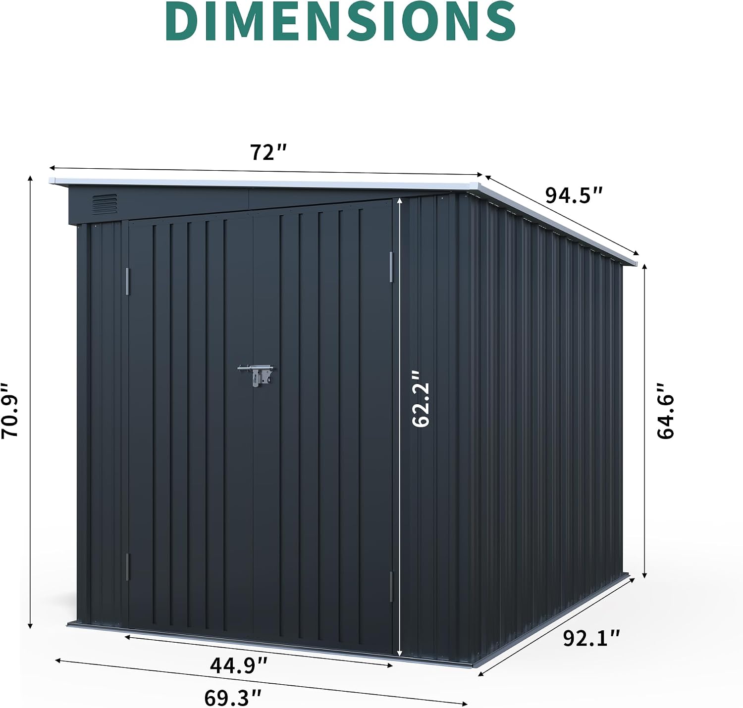 KEIKI 6X8 FT Galvanized Steel Outdoor Storage Shed with Lockable Double Doors, Waterproof Metal Lean to Shed with Free PC Light Board for Tools, Bikes & Patio Essentials, Carbon Black