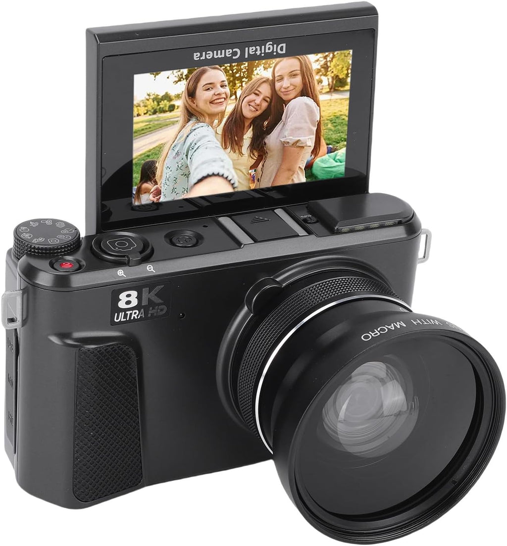 PUSOKEI 8K Digital Camera for Photography, 88MP Vlogging Camera with 3' 180 Flip Screen, 18X Zoom, Autofocus, Wide Angle Lens, WiFi Mirrorless Cameras with 32GB Card, 2 Batteries (Black)
