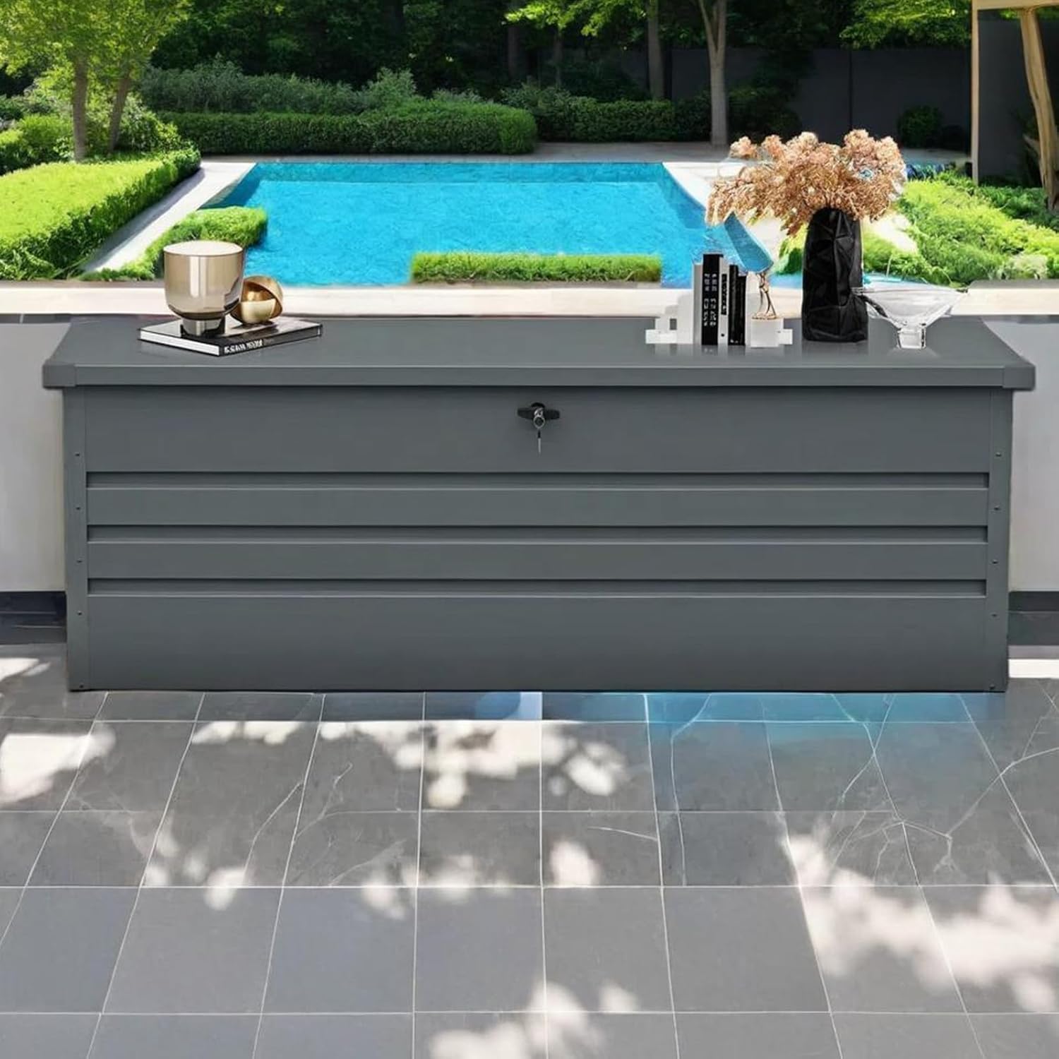 260 Gallon Deck Box, Metal Large Deck Box, Waterproof Deck Storage Box, Pool Storage Box with Lockable Storage Containers, Dark Gray