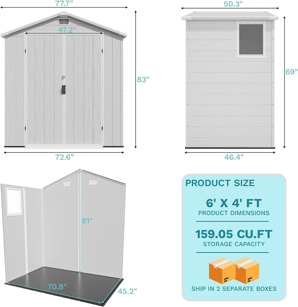 Devoko 6x4 FT Plastic Outdoor Storage Shed - Lockable Resin Tool Shed with Window & Floor - Easy Assembly for Garden, Backyard
