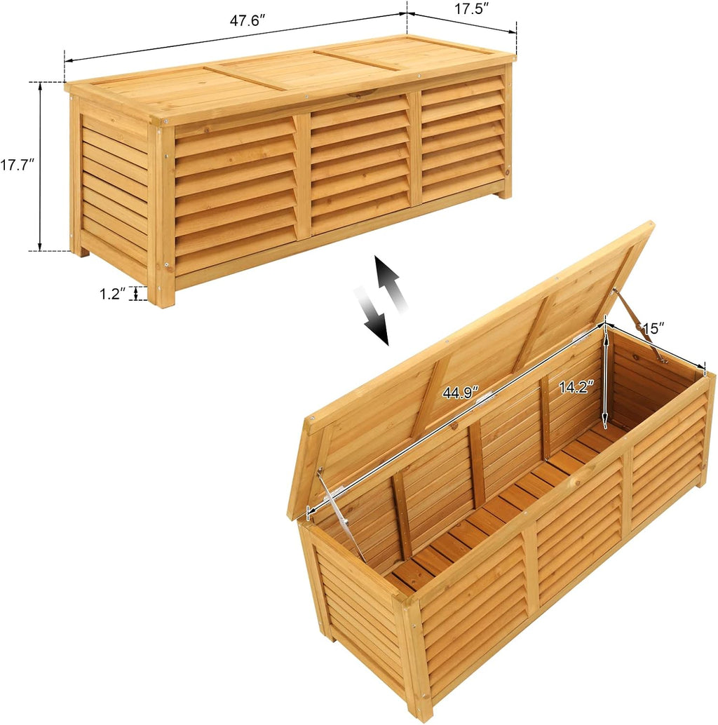 VINGLI Outdoor Wooden Deck Box, Storage Box with Lids for Easy Switching, 47 Gallon Wooden Storage Bins for Garden, Yard, Patio, Balcony, Natural