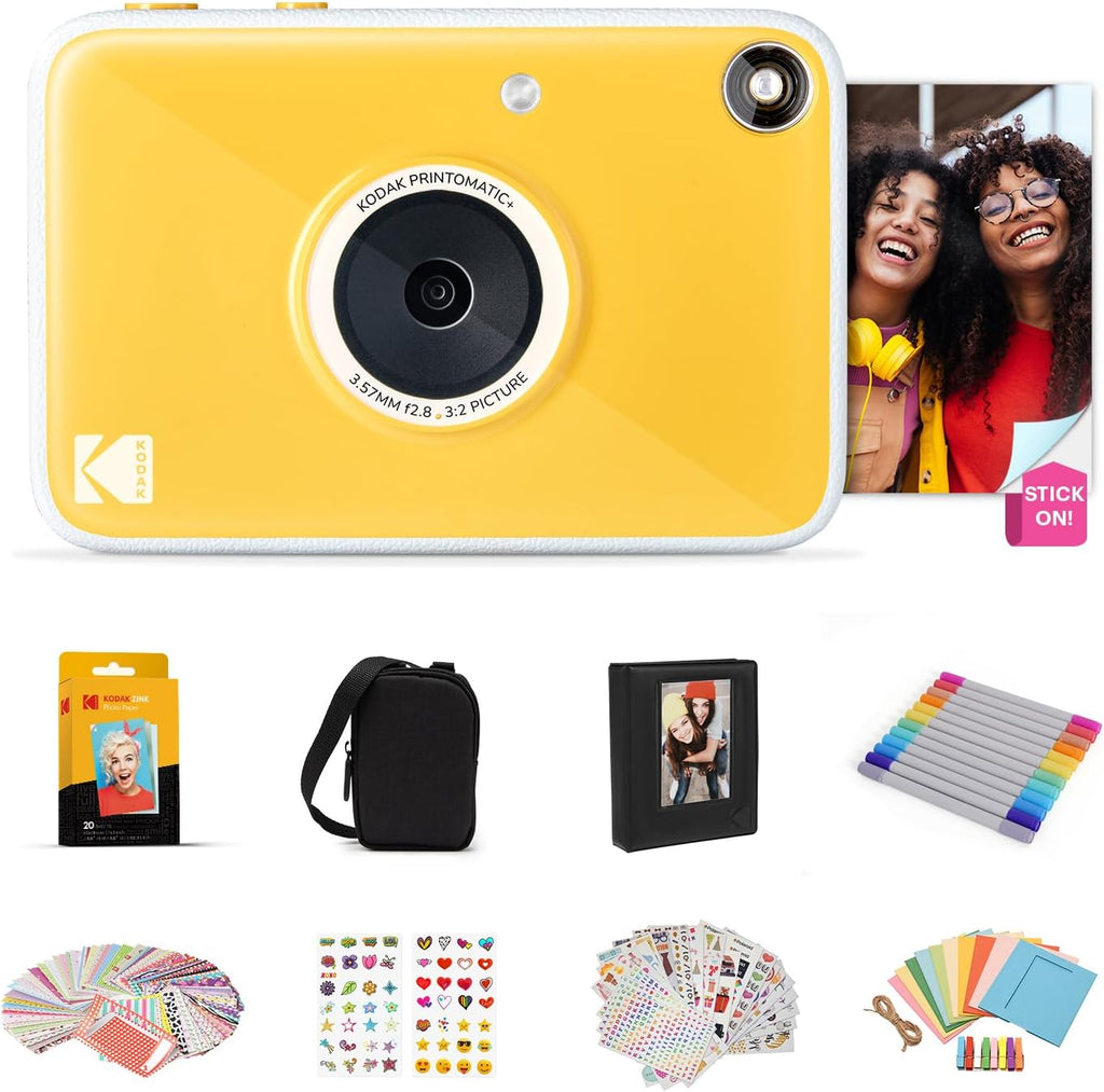 Kodak Printomatic+ Full Color Instant Print Digital Camera Gift Bundle + Case + Zink 2x3 Sticky Back Photo Paper 20pk + Album + Sticker Sets + Sticker Frames + Hanging Frames + Markers - Yewllow