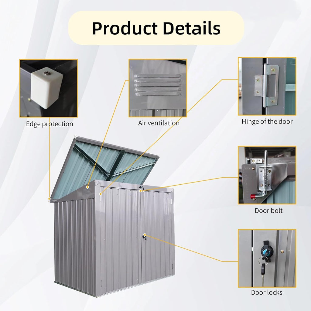 76 Cu.Ft Outdoor Trash Can Storage Shed, Metal Trash Can Storage Bin with Spring Chain Lid for Garbage Storage, Waterproof Storage Shed Stores for 2 Trash Cans, Garden Tools, Gray