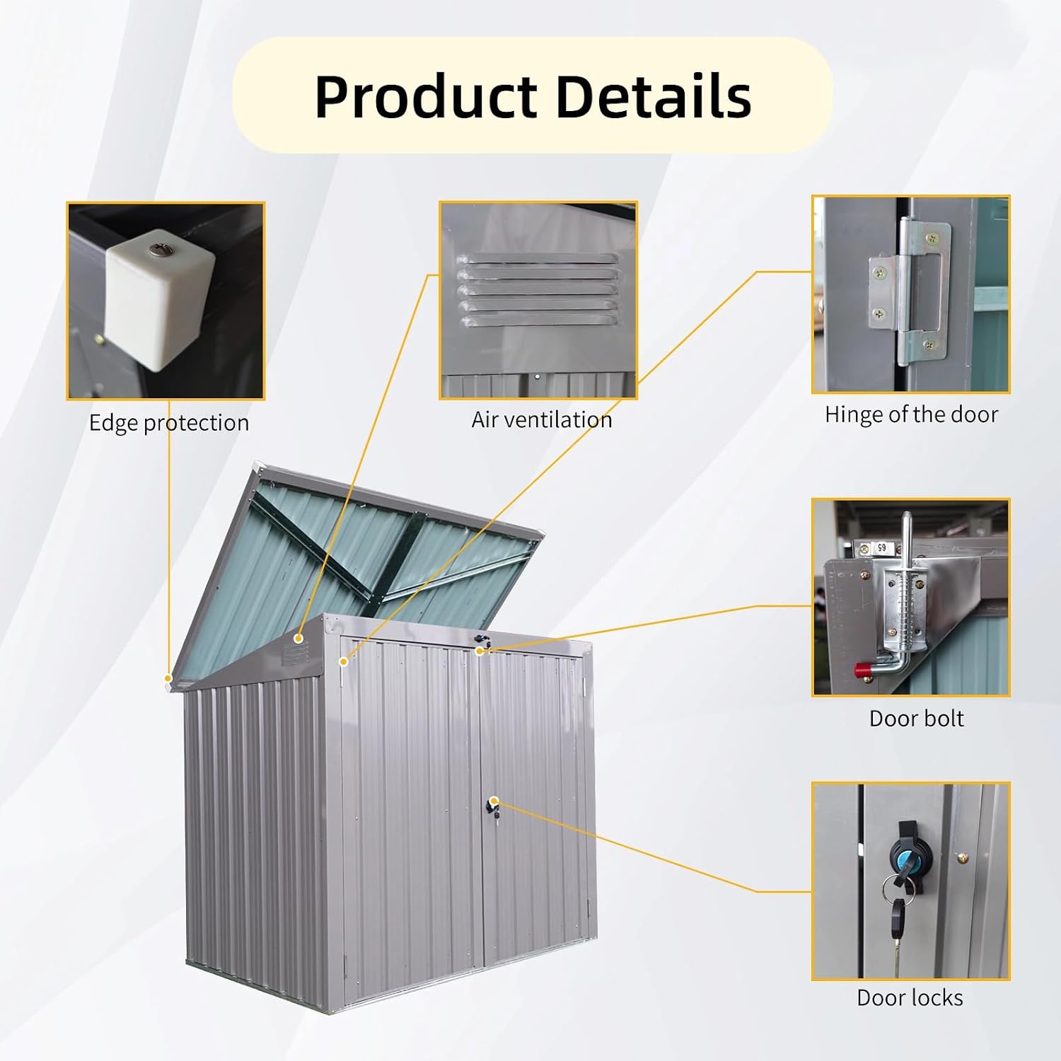 76 Cu.Ft Outdoor Trash Can Storage Shed, Metal Trash Can Storage Bin with Spring Chain Lid for Garbage Storage, Waterproof Storage Shed Stores for 2 Trash Cans, Garden Tools, Gray
