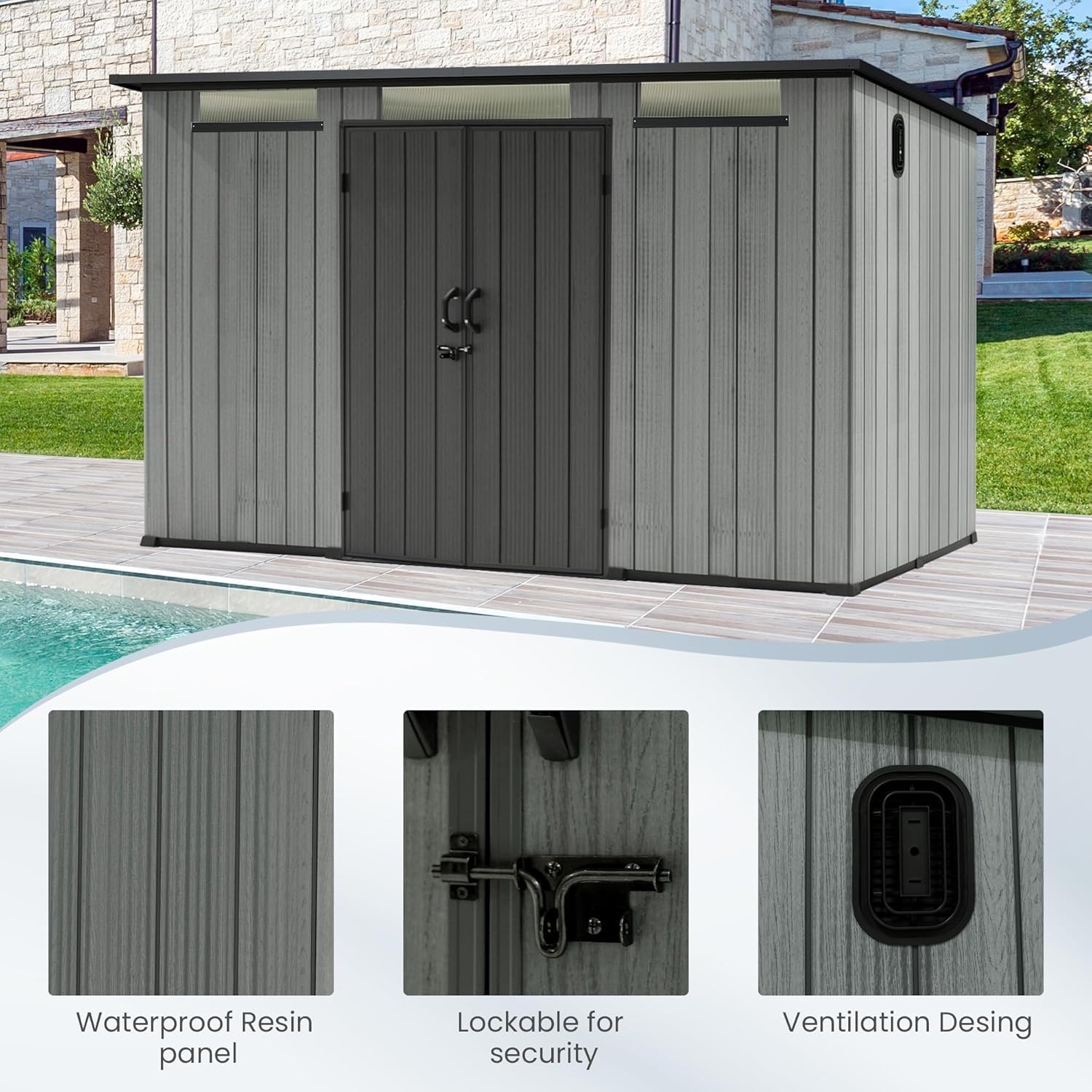 Domi 6.2X11FT Resin Outdoor Storage Shed, Plastic Garden Shed with Carpet, All Weather Outside Storage Building for Lawn Mower, Tools, Bike, Backyard