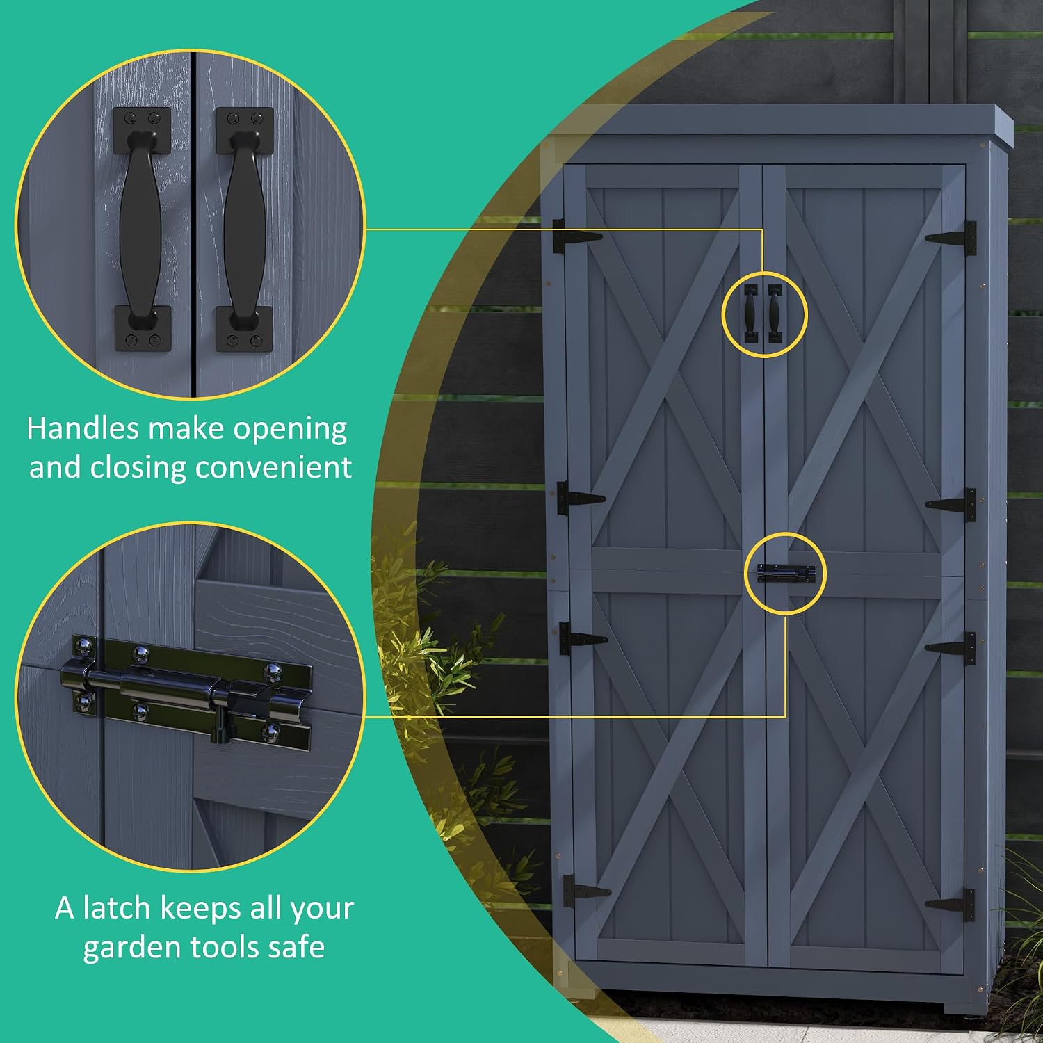 Outsunny Wooden Garden Shed, Outdoor Storage Cabinet with Waterproof Galvanized Metal Roof, Narrow Tool Shed with 3 Shelves and Lockable Door, Gray