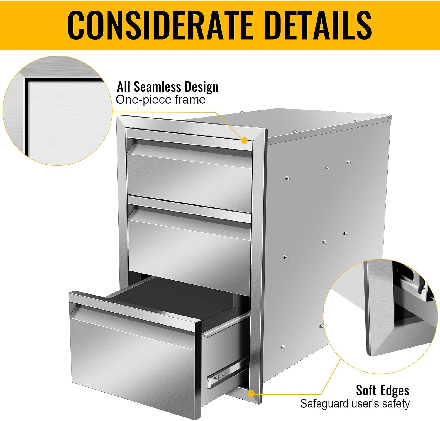 Outdoor Kitchen Drawers 14W x 21H x 23D Stainless Steel Flush Mount BBQ Triple Drawers for Outdoor Kitchen Island, or Patio Grill Station