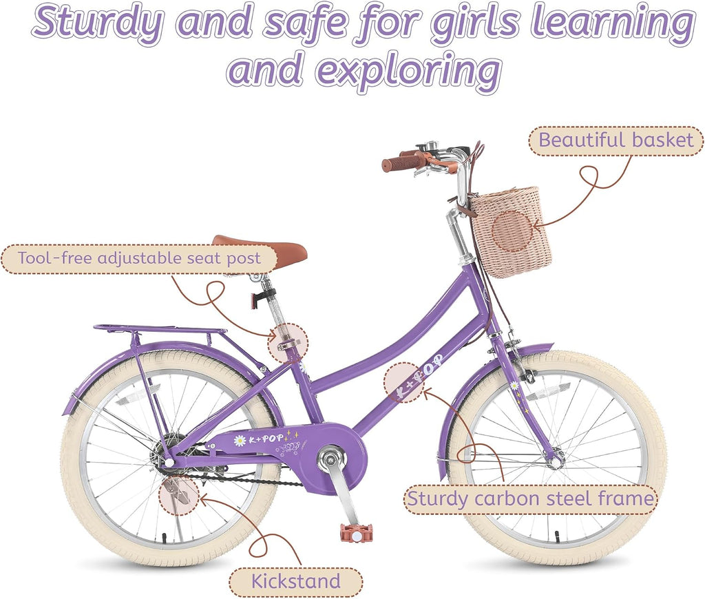 Girls Bikes Ages 8-12, 20 Inch Girls Bike Kids Bicycle with Basket, Lightweight Kids' Bicycles with Front and Rear Brakes, Cruiser Bike for Children, Multiple Colors