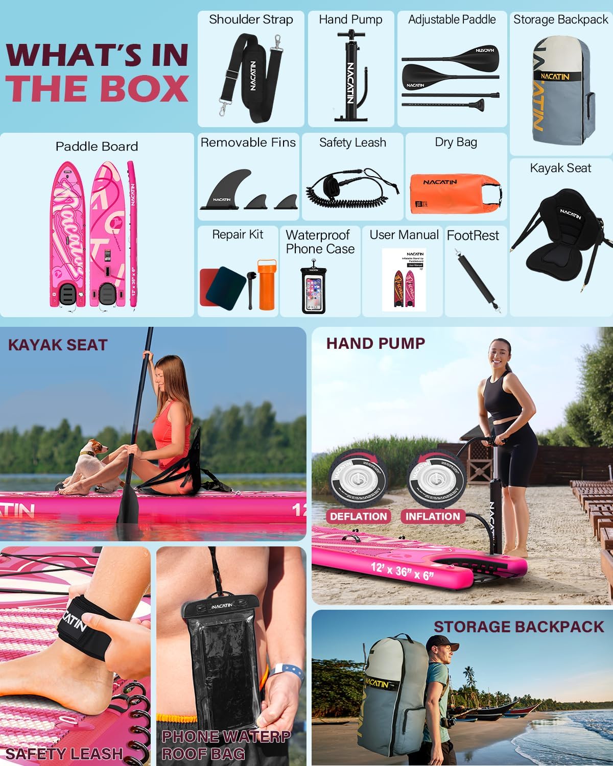 NACATIN Inflatable Stand Up Paddle Board - Premium SUP Board with Dog Ramp Kit, Complete SUP Set Paddle Boards for Adults with Single/Double Paddle, Kayak Seat, Suitable for Paddle Boarding with Dog