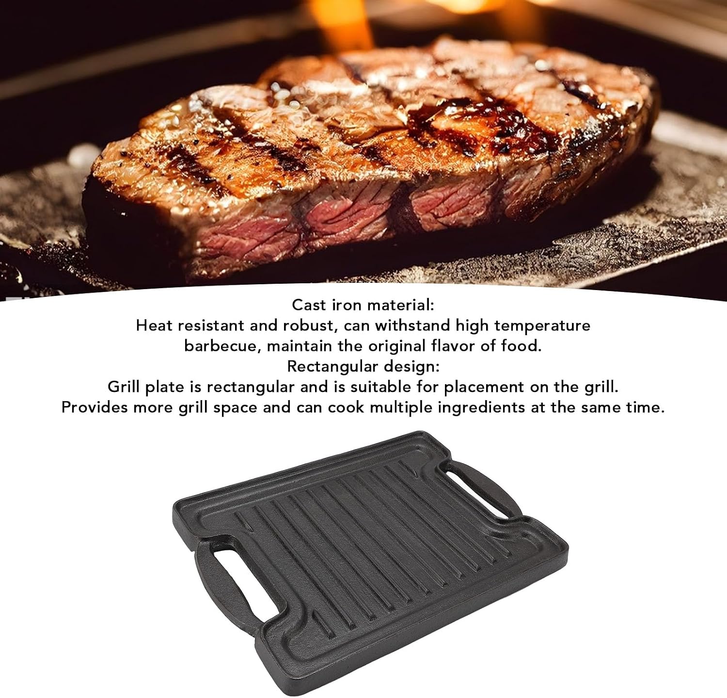 Grilling Plate,Rectangular Cast Iron Indoor Barbecue Griddle Korean BBQ Grill Pan Barbecue Skillet Pan Cooking Grill Plate Steaks Baking Tray Non Stick Griddle for Family Dinning