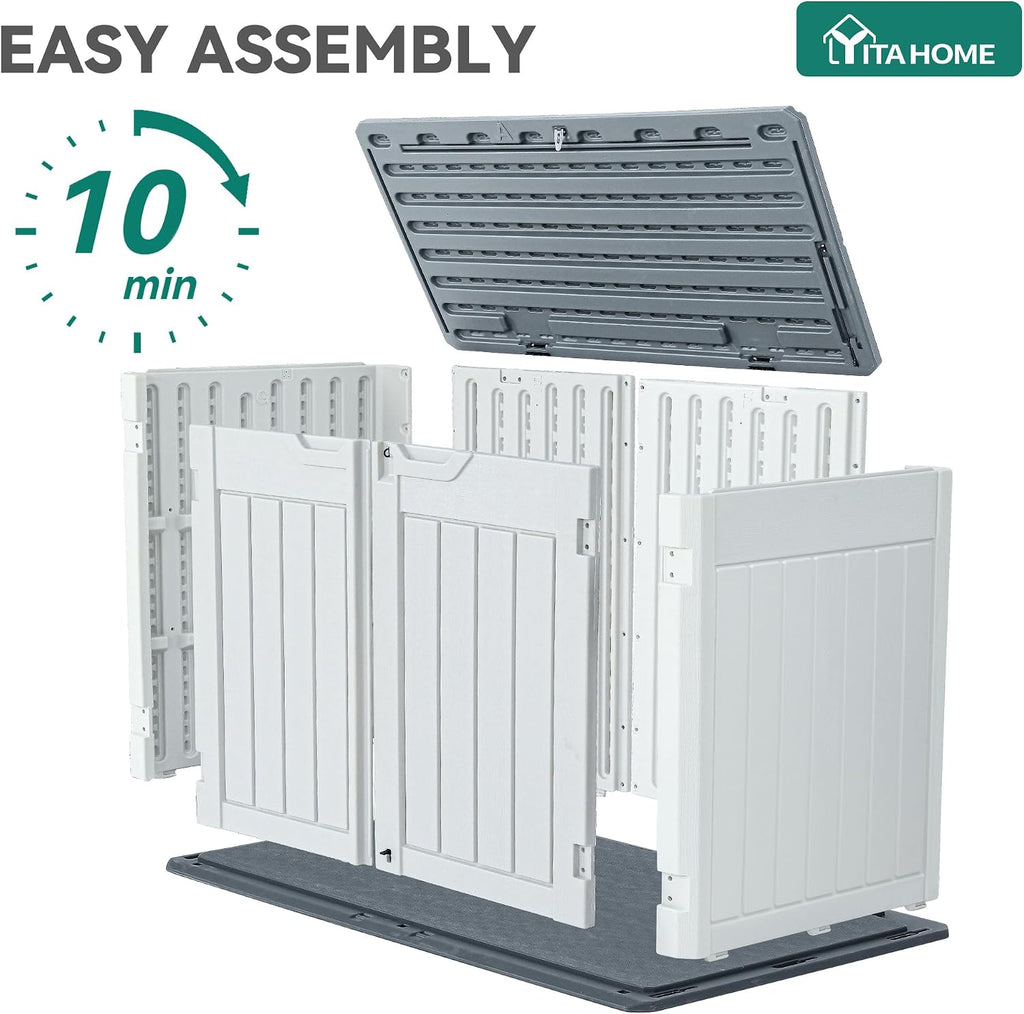 YITAHOME Large Outdoor Horizontal Storage Shed, 47 cu ft Resin Tool Shed w/o Shelf, Outdoor Waterproof Storage with Floor for Trash Cans, Garden Tools, Lawn Mower, Lockable, 4.5x2.8x3.9 ft, Light Gray