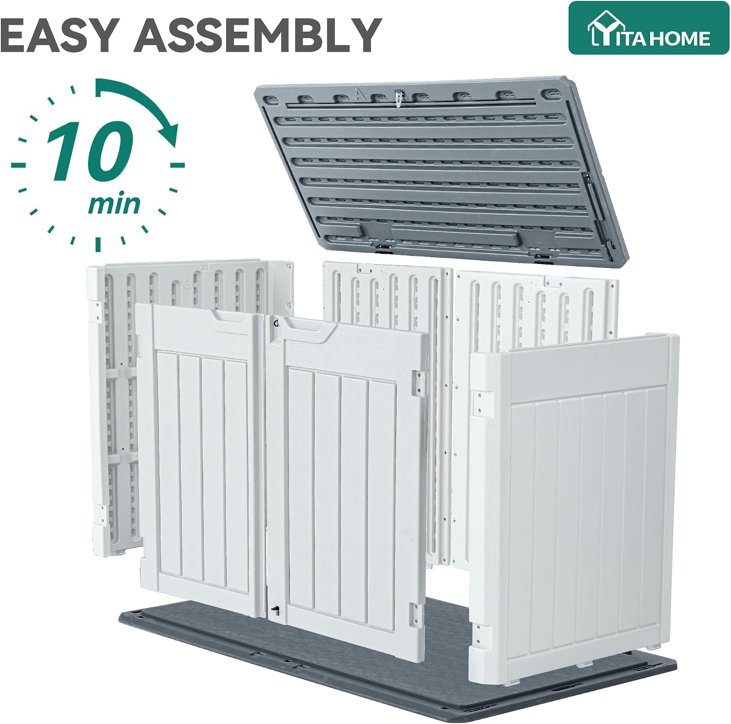 YITAHOME Large Outdoor Horizontal Storage Shed, 47 cu ft Resin Tool Shed w/o Shelf, Outdoor Waterproof Storage with Floor for Trash Cans, Garden Tools, Lawn Mower, Lockable, 4.5x2.8x3.9 ft, Light Gray