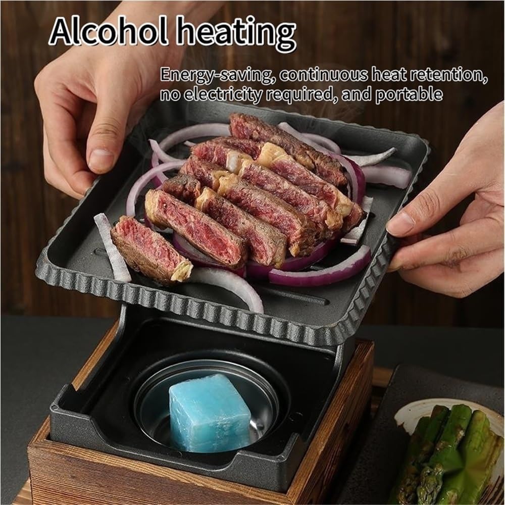Compact Tabletop BBQ Grill Set with Wooden Stand, Portable Alcohol Barbecue Stove for Indoor Cooking, Outdoor Picnics, Camping, Small Parties(Medium)